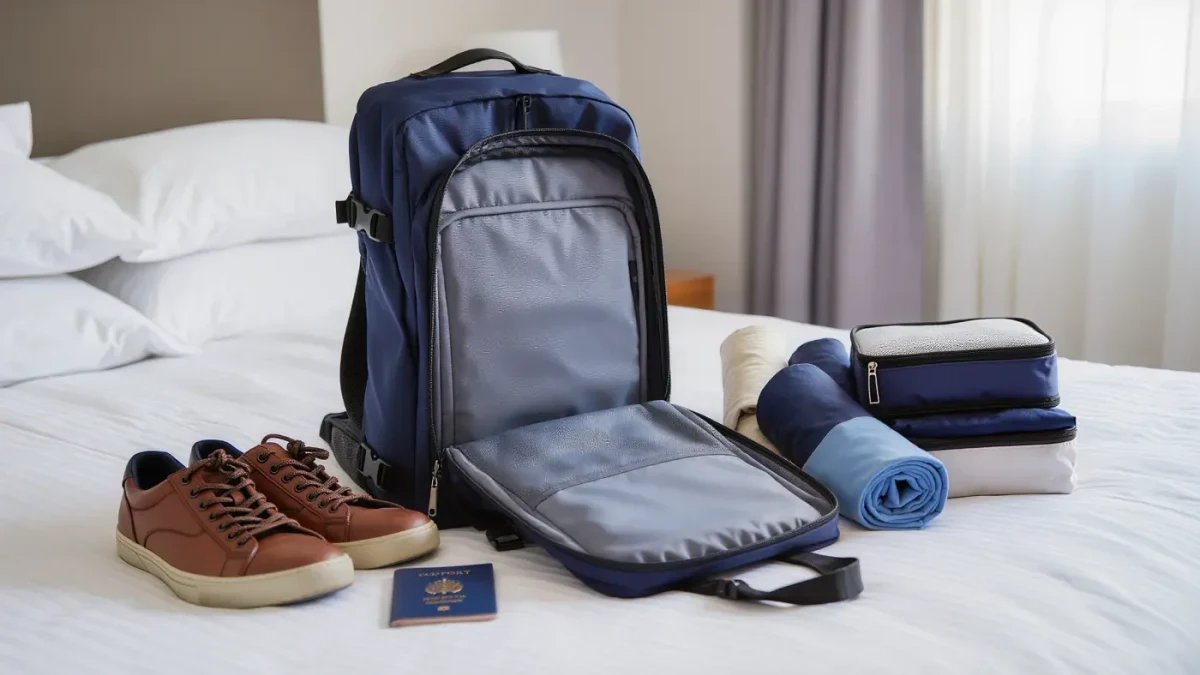Open travel backpack beside rolled clothes and packing cubes on a hotel bed