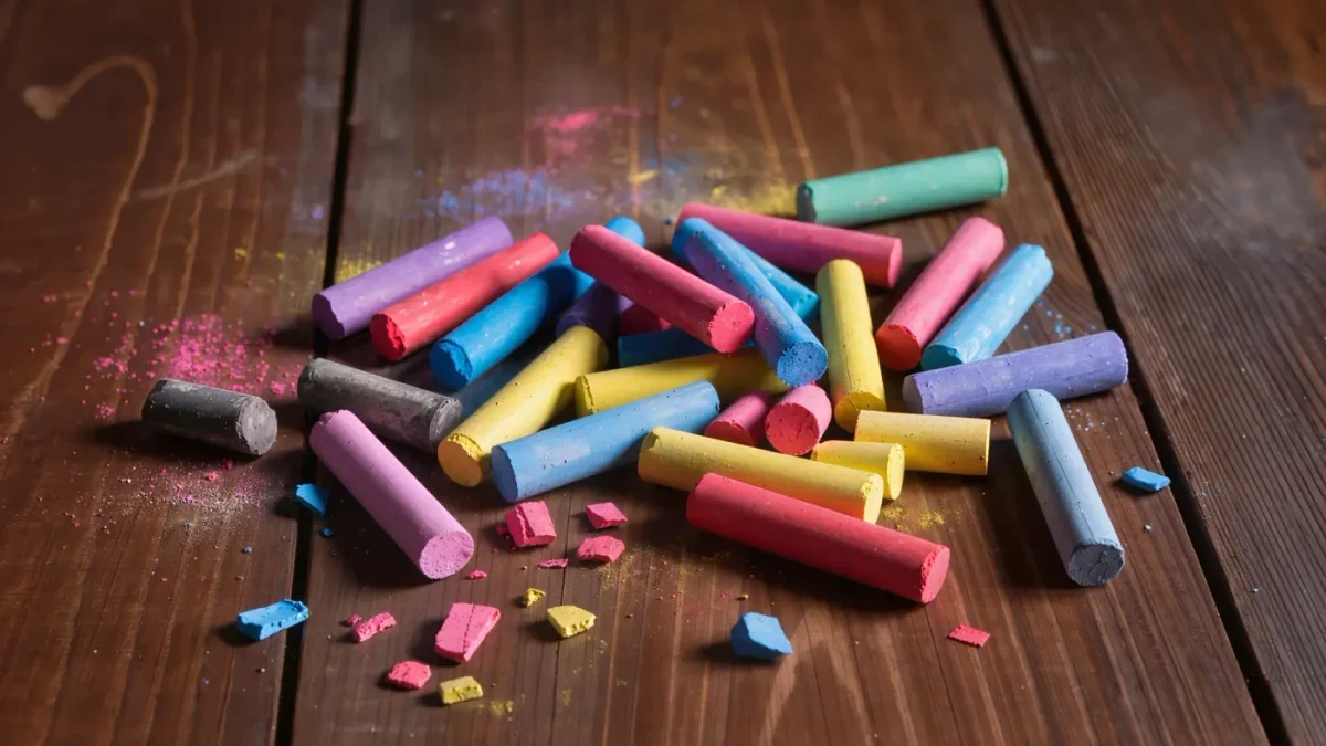 Colored chalk and oil sticks scattered on a worn studio floor