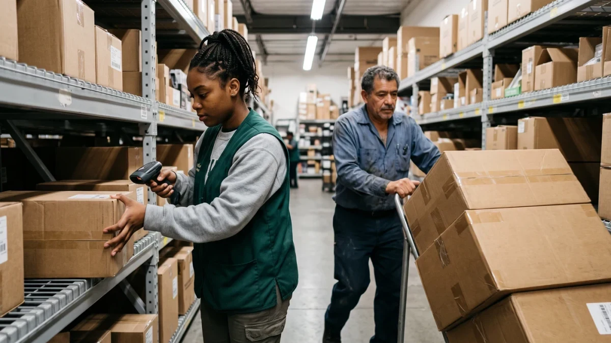 Retail workers moving boxed stock through a store back room