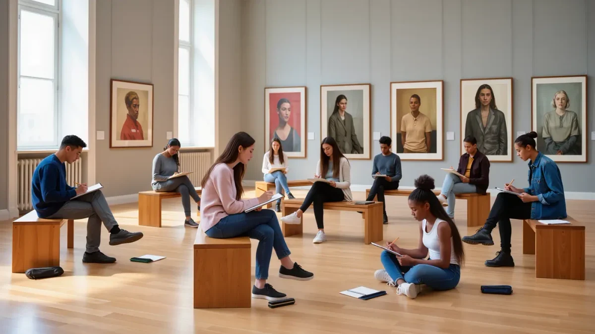 Teenagers sketching together on benches in a museum gallery