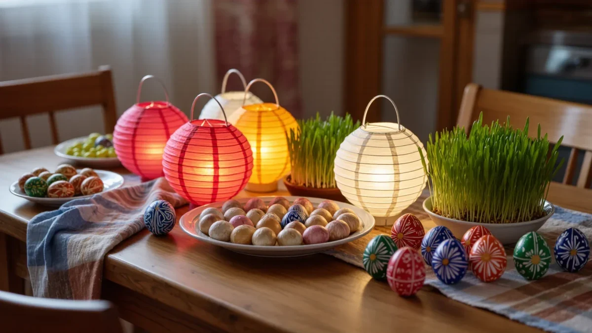 Decorated celebration table with lanterns, sweets and ornaments