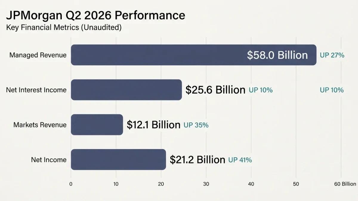 Bar chart of JPMorgan Q2 2026 revenue, NII and markets income