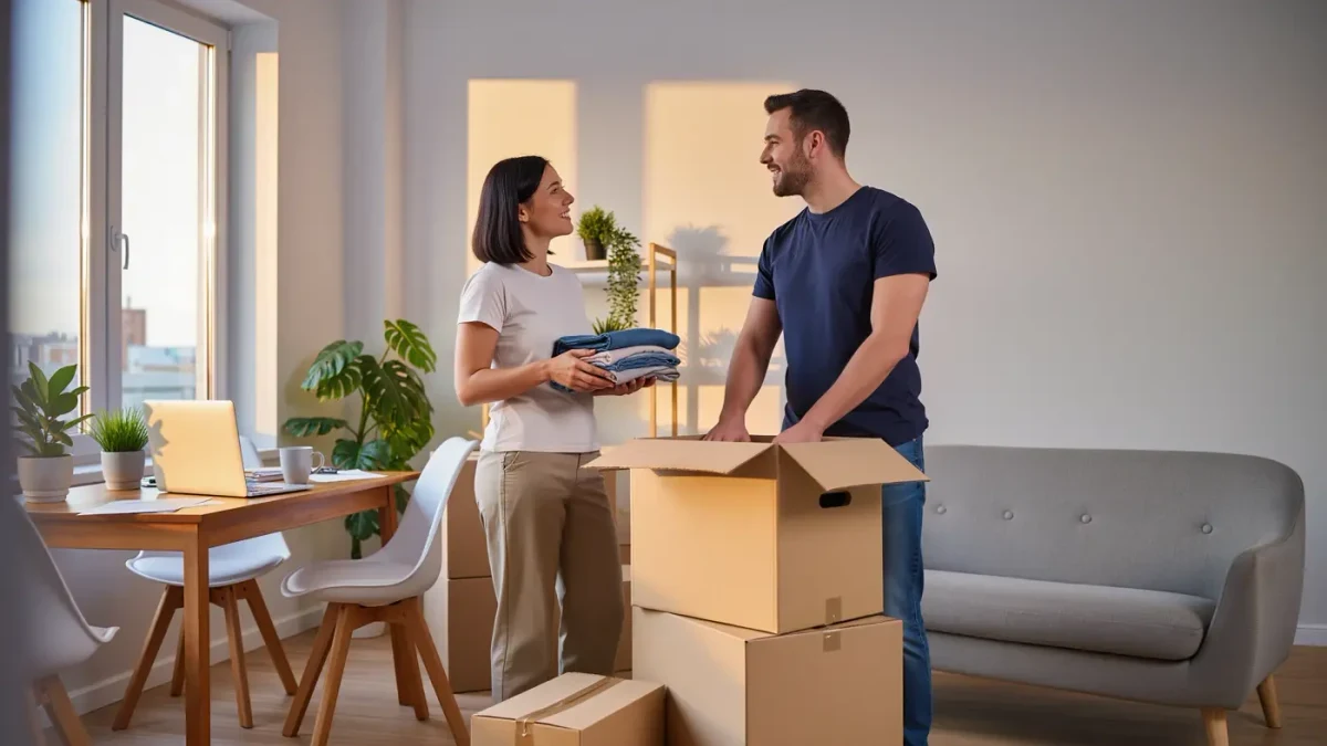 Young couple unpacking boxes in a bright compact living room