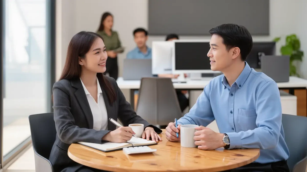 A new manager takes notes during a first one-on-one meeting