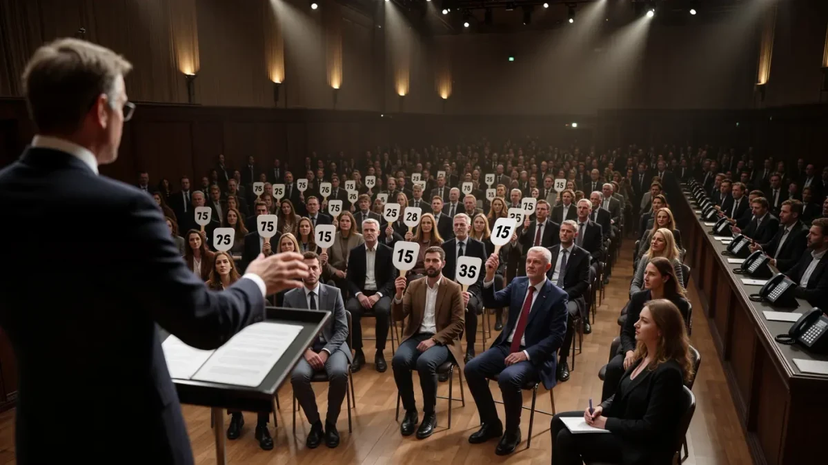 Bidders raising paddles at a packed art auction
