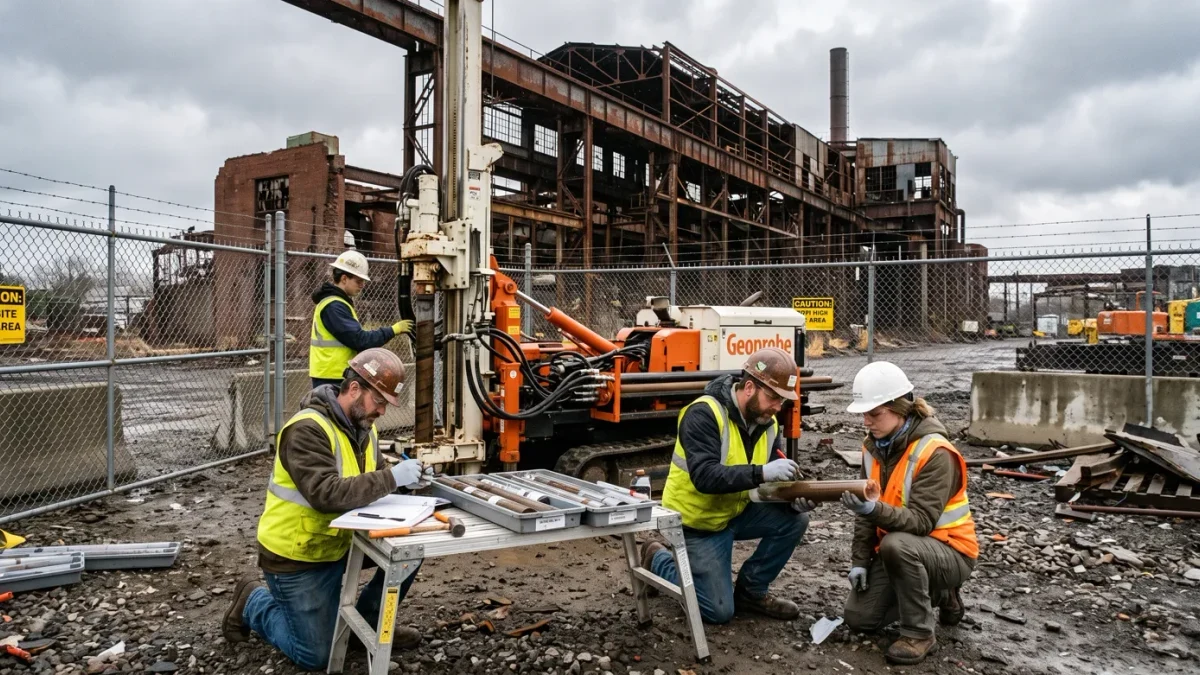 Workers in protective gear sampling soil at a fenced former mill site