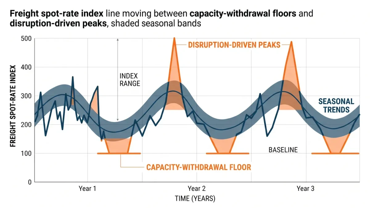 Rate index line swinging across capacity and disruption bands