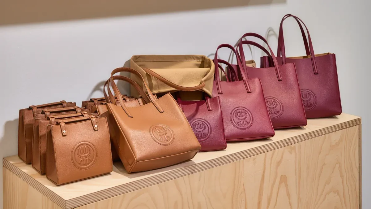 Stacked tan vegan-leather shopping totes on a bright retail counter