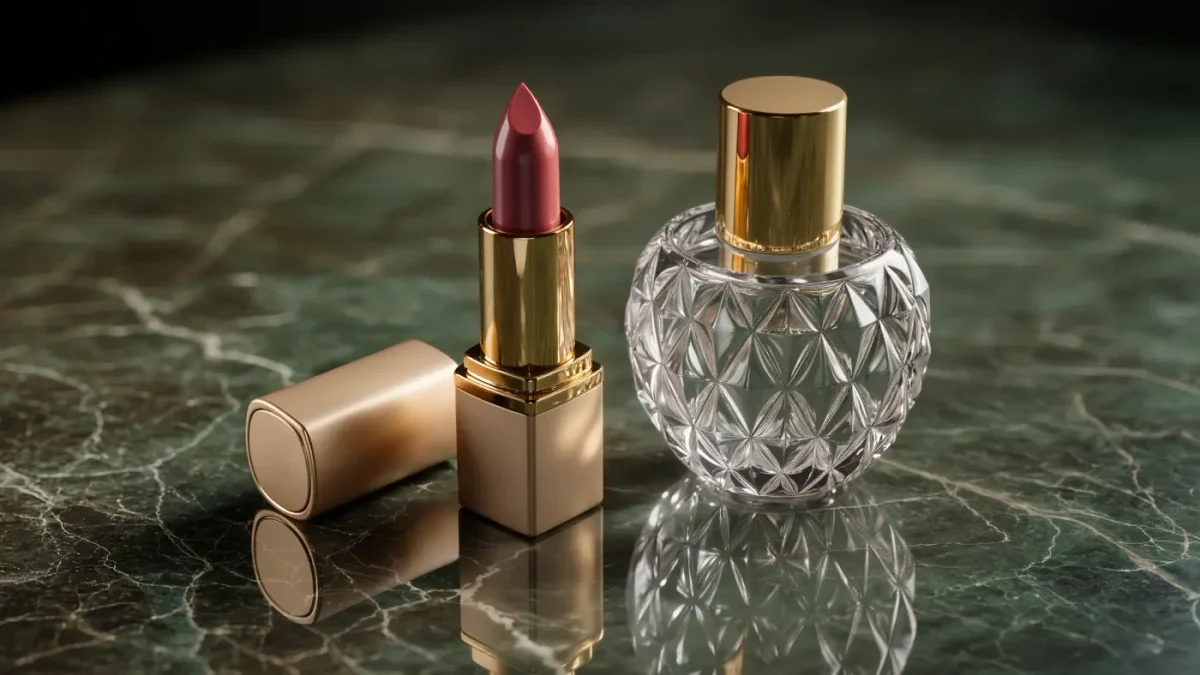 Close-up of an unbranded gold lipstick beside a cut-glass perfume flacon on dark marble