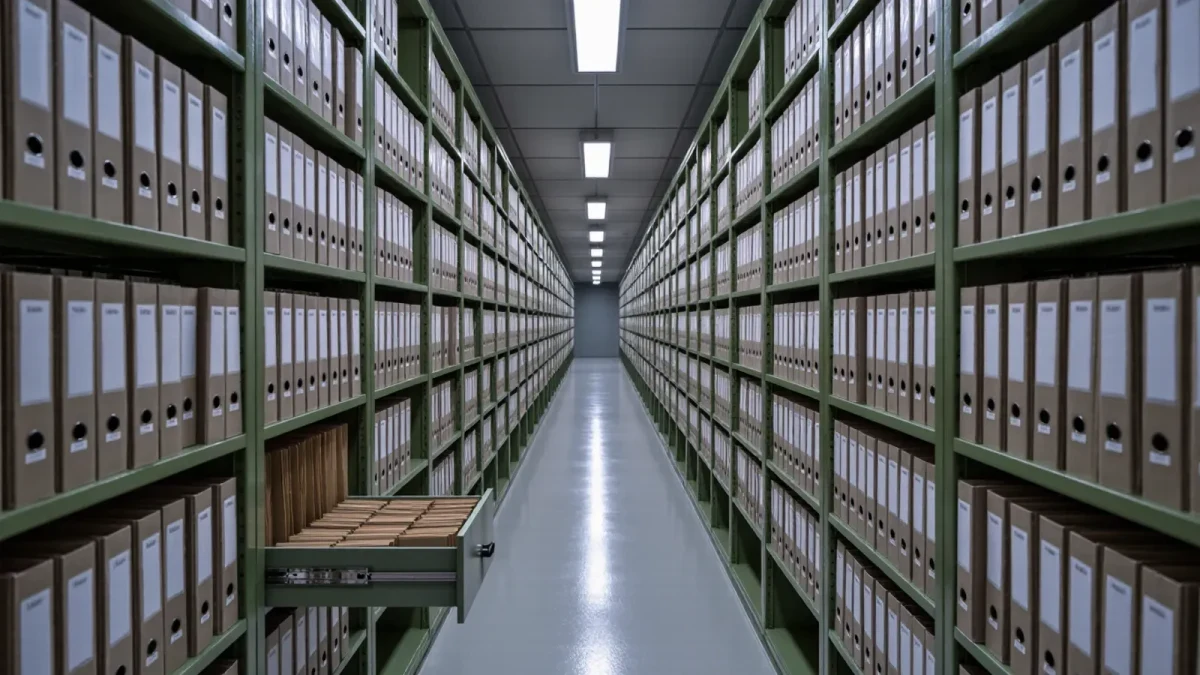 Federal records office aisle with labeled compliance document binders