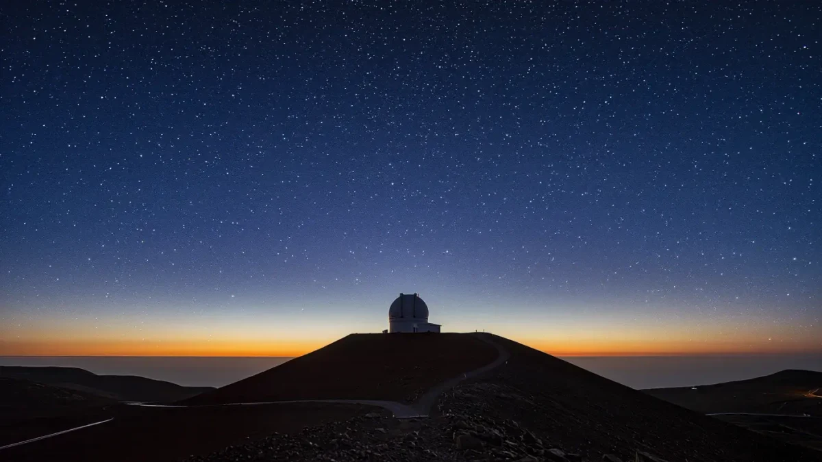 Night horizon with dawn light rising over observatory silhouettes