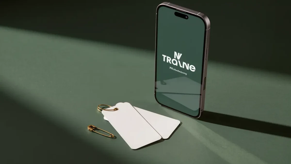 Studio close-up of a smartphone beside blank labeling tags