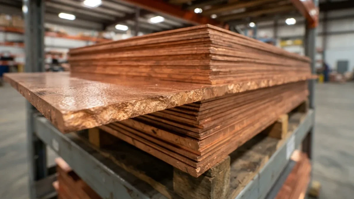 Close-up of stacked copper cathode sheets in warehouse