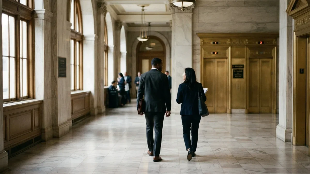 Financial specialists walking down a marble federal building corridor