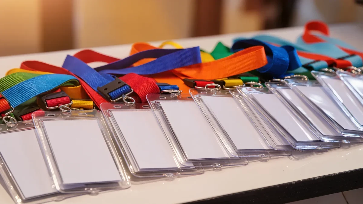 Close-up of convention badges and lanyards on a registration table