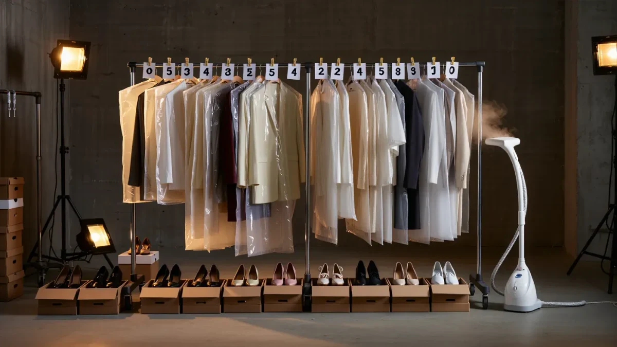 Backstage styling rack with numbered looks, garment bags and polaroid cards in warm light