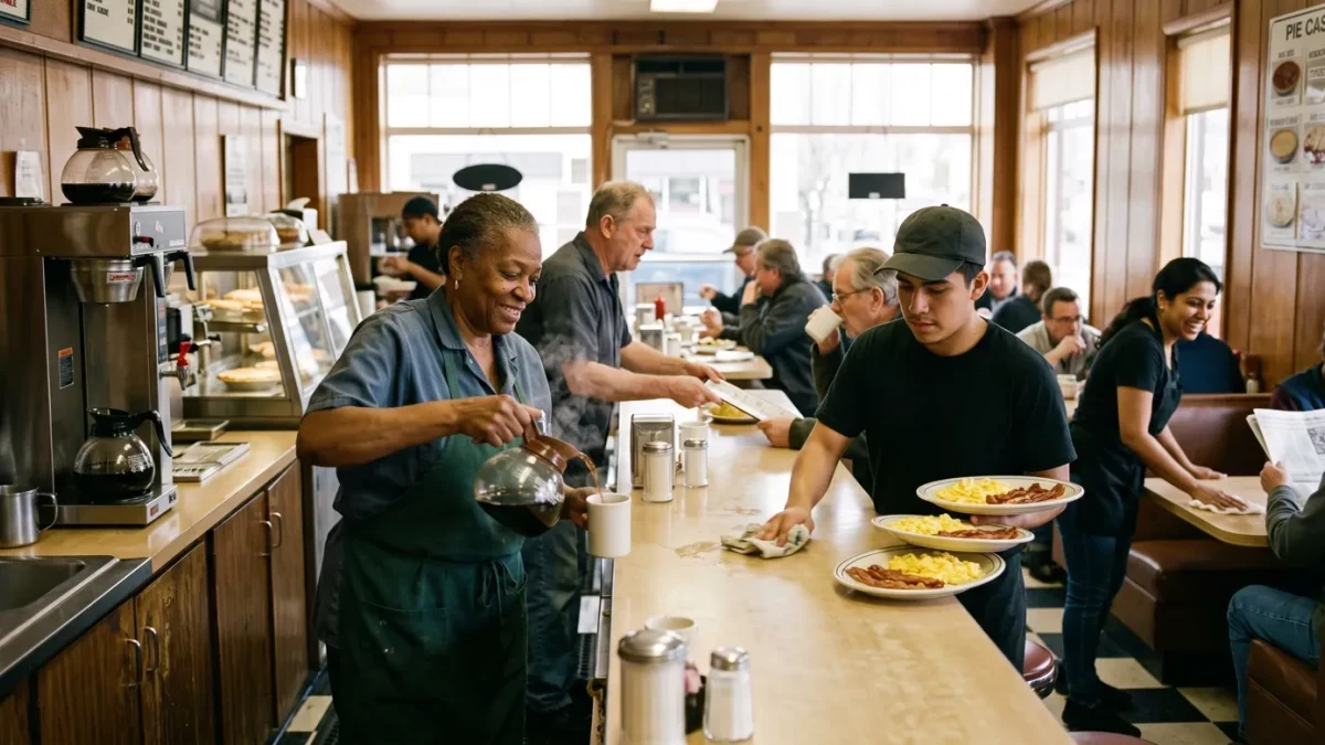 A server refilling coffee at a busy diner counter on a morning shift