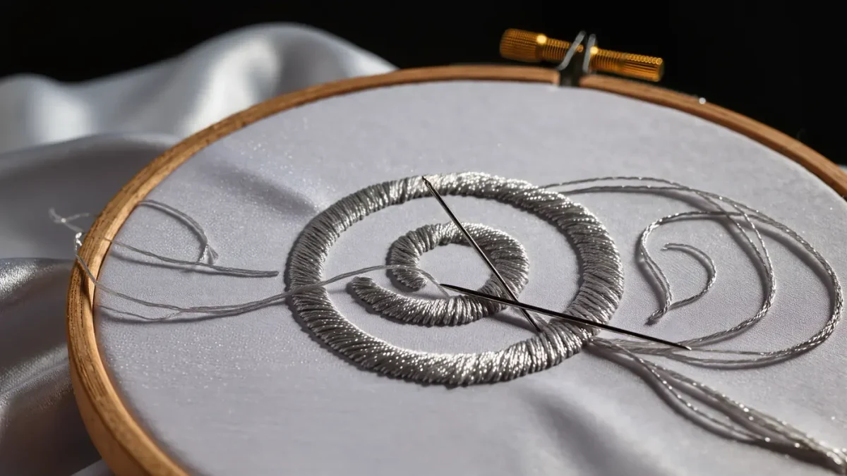 Close-up of silver thread embroidery forming a spiral on white couture silk