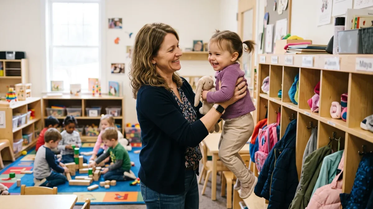 Toddler-care worker lifting a child at a daycare classroom door