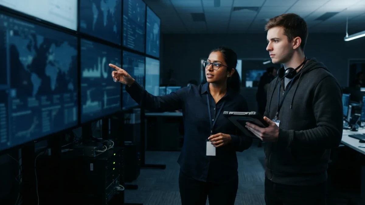 Two security analysts working at a dark monitoring wall