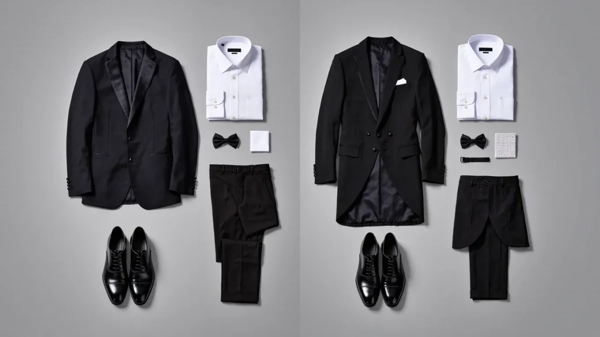 Formal wear garment types laid out as annotated comparison