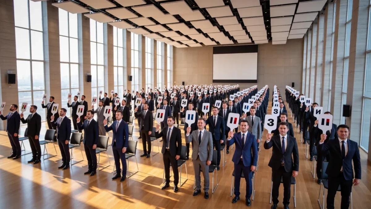 Delegates from many countries voting at a large assembly hall