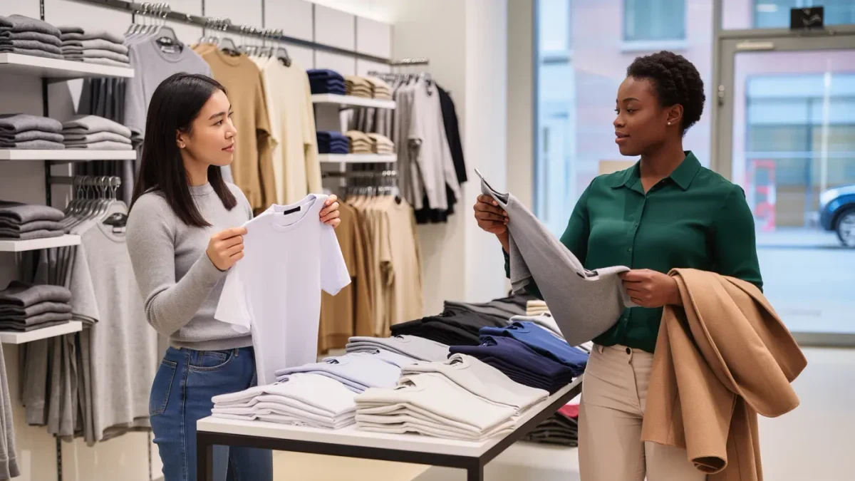 Two shoppers comparing folded t-shirts and a wool coat in a store aisle