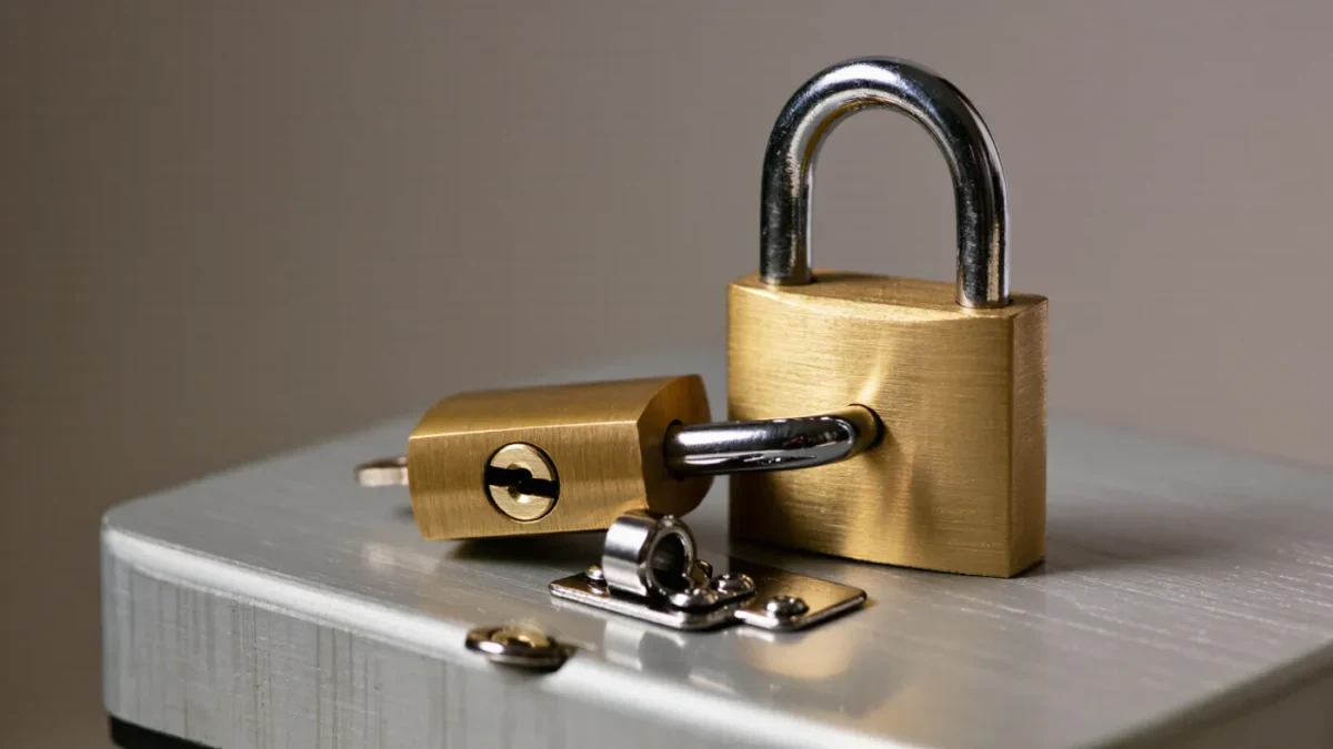 Close-up of a small brass padlock closed on a metal cash box clasp