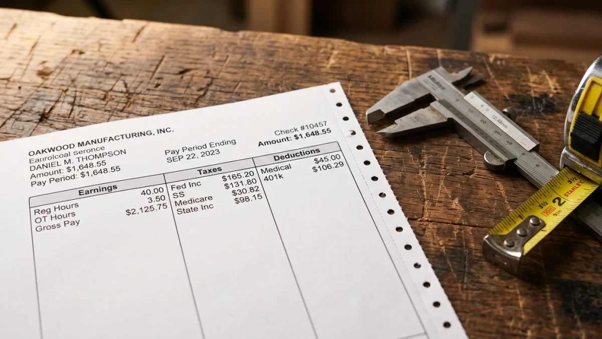 Payroll paystub printed beside workshop tools