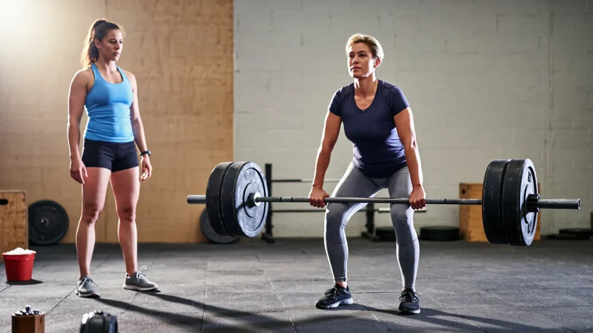Woman in her fifties deadlifting a loaded barbell under coach supervision