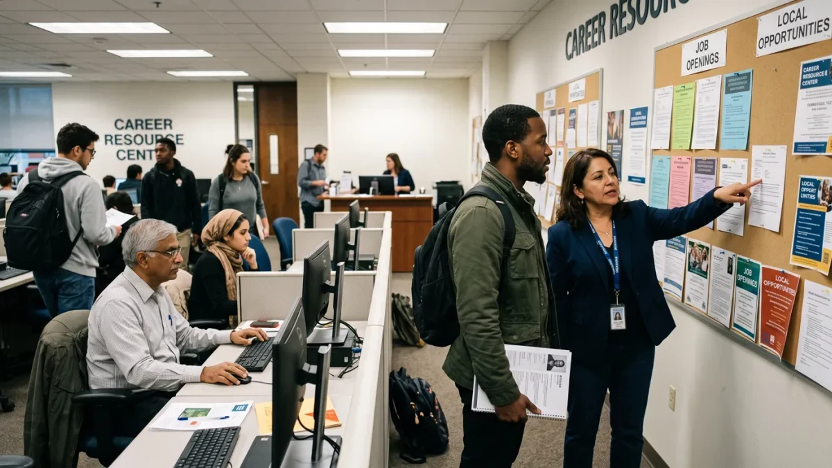 Job seekers at a community career center resource room