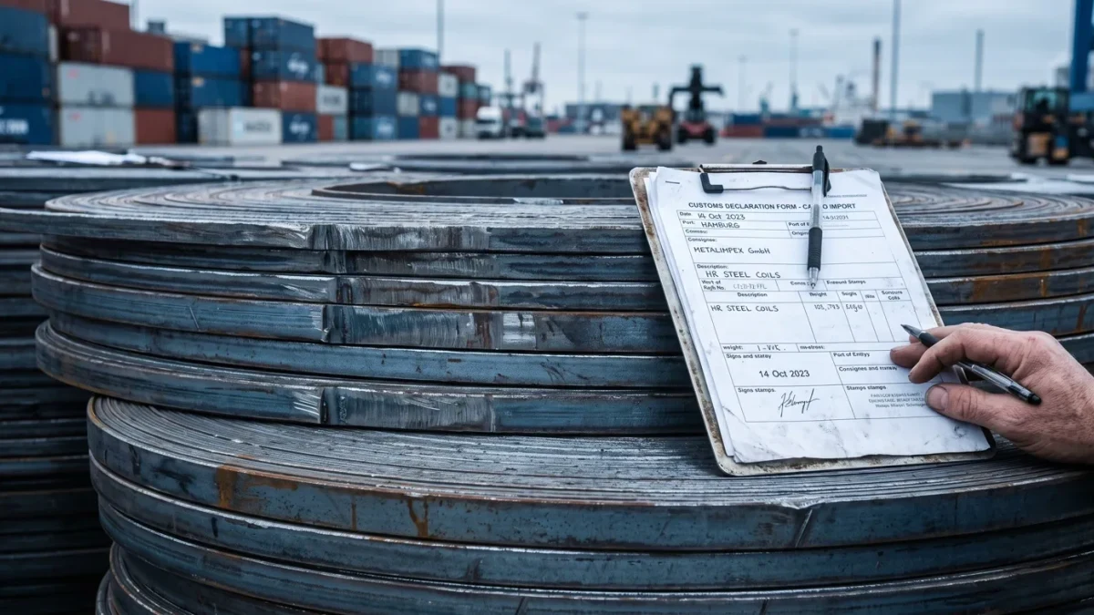 Steel coils at a European import terminal with customs documents
