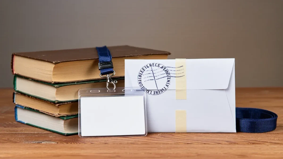 Close-up of college textbooks with transfer envelope