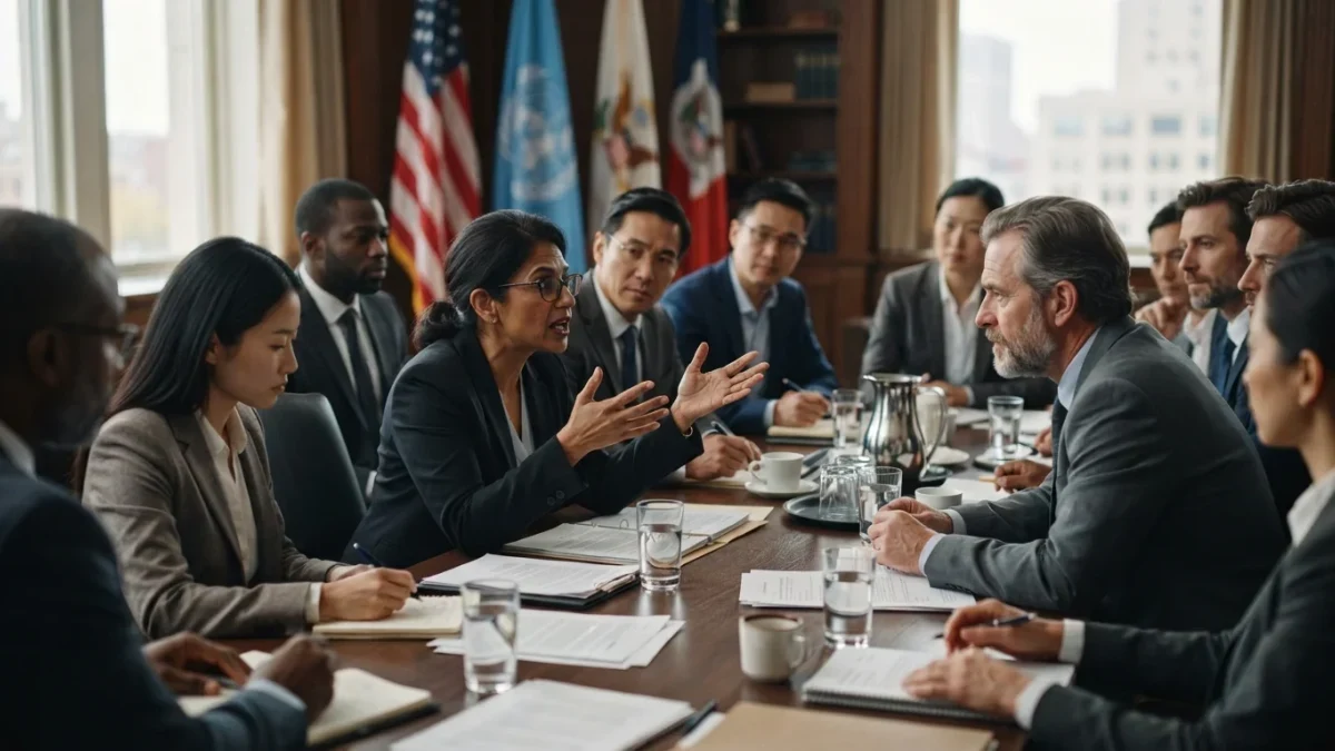 Policy experts negotiating around a conference table in a government meeting room