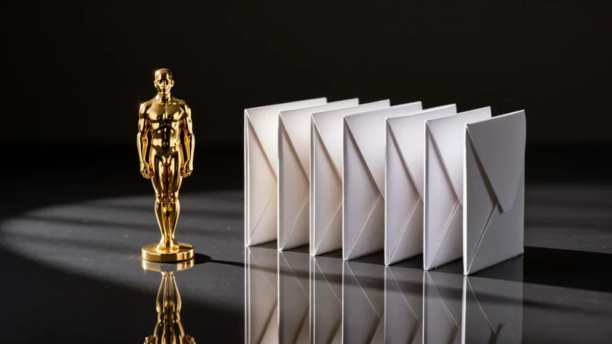 Studio photograph of a gold statuette beside eight nomination cards