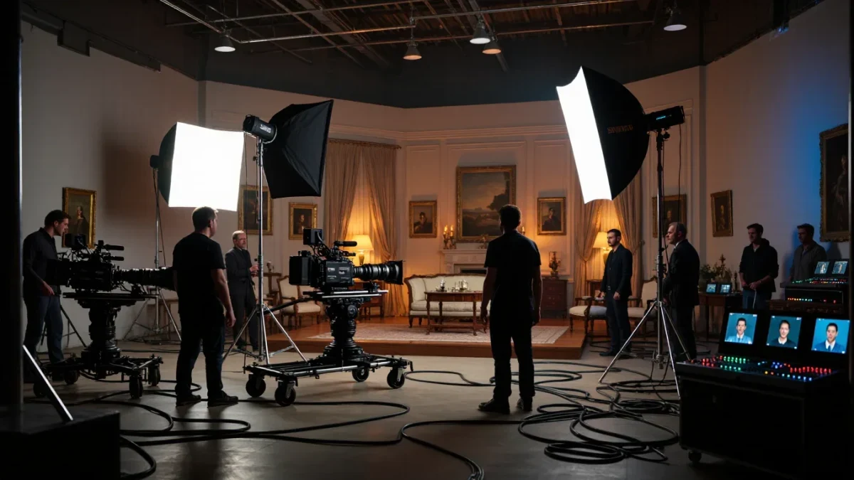 Television crew filming period drama scene with cameras and lights