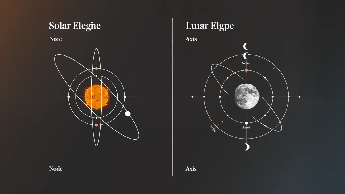Infographic diagram of solar and lunar eclipse geometry with nodes