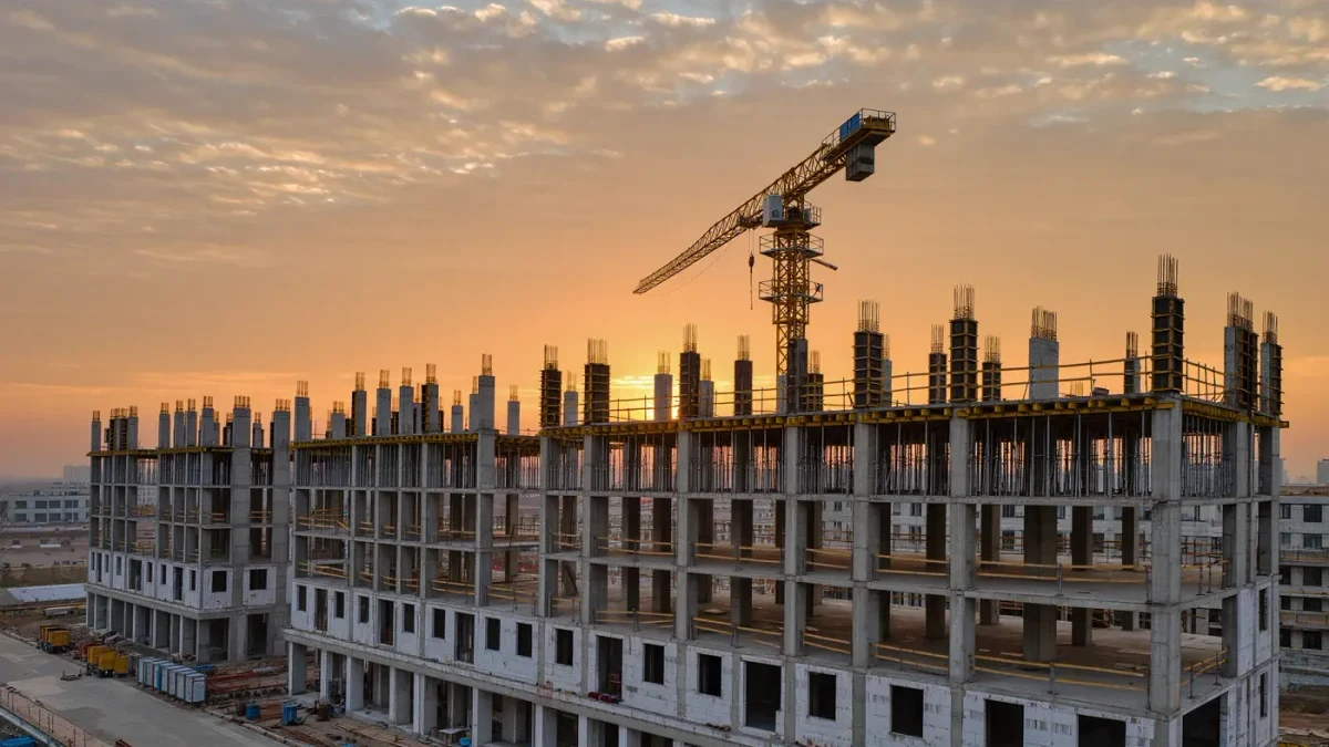 Apartment construction site with a crane above a mid-rise frame at dusk