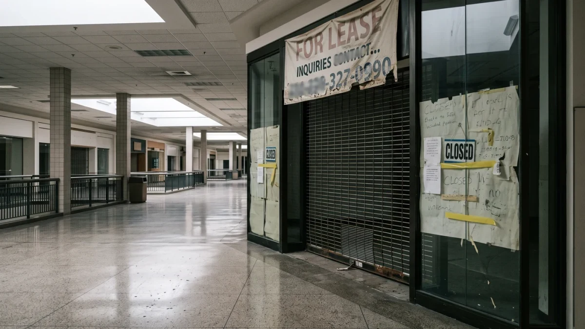 Shuttered storefront with papered windows in a mall corridor