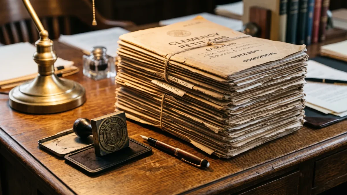 Stack of clemency petition folders beside an official seal impression stamp