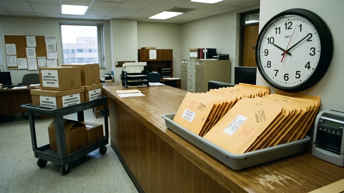 Purchasing officer opening sealed bids at a city counter