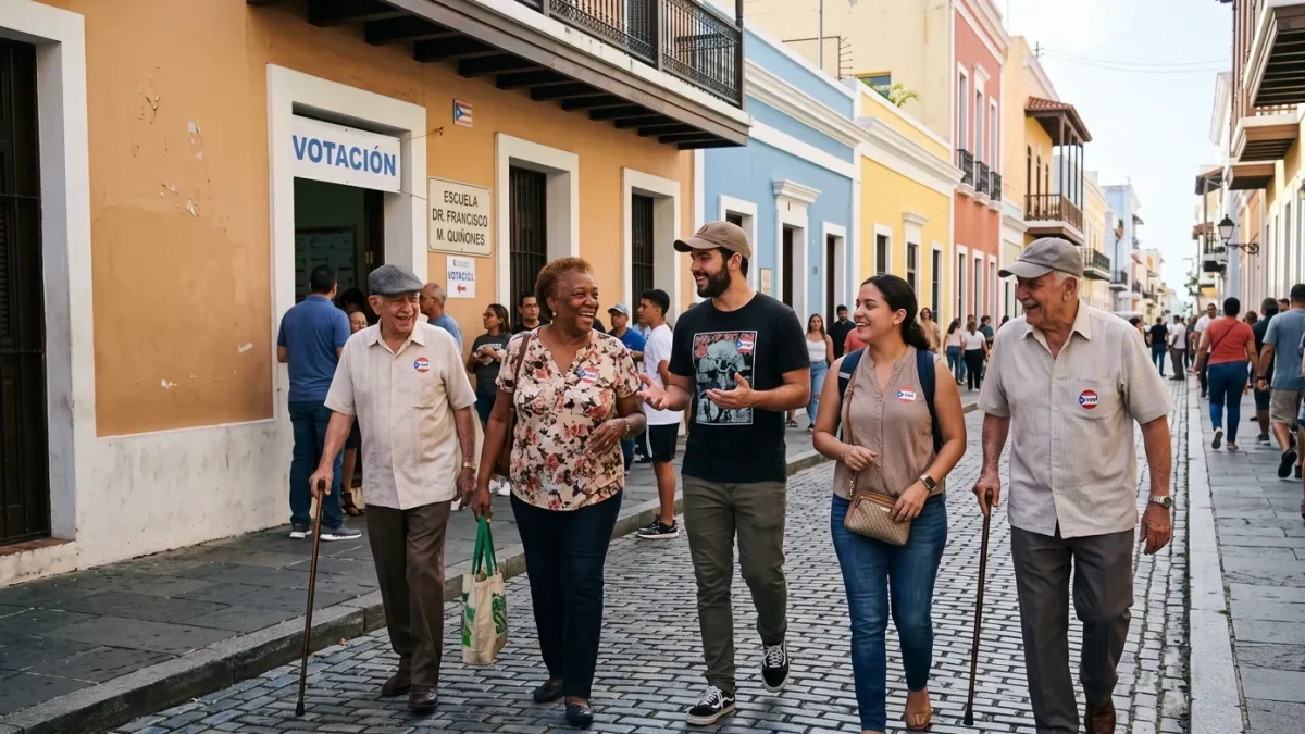 Candid photo of voters outside a San Juan polling place