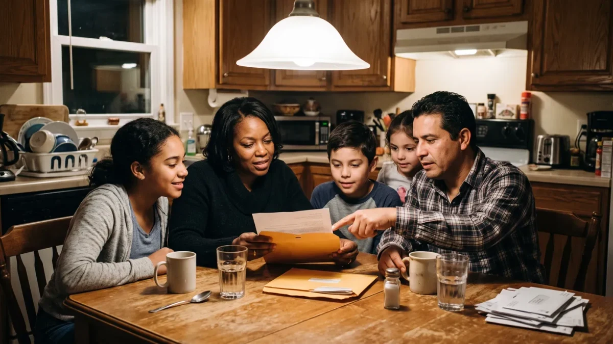 Candid photo of a family opening mail at a kitchen table