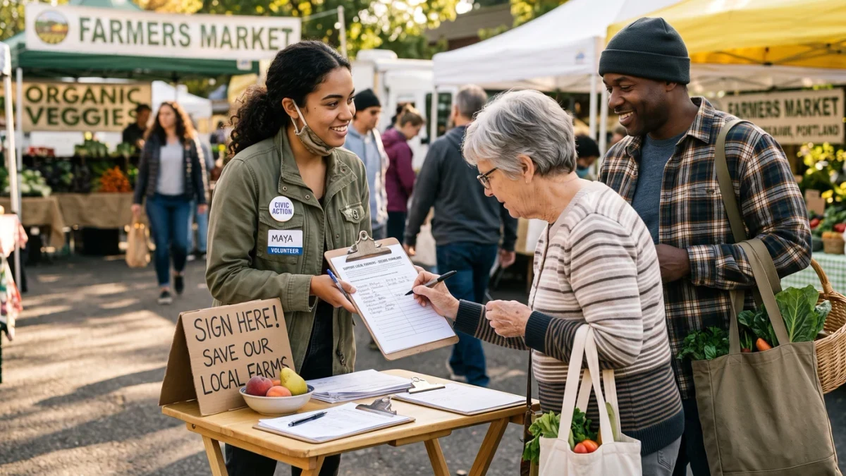 Volunteer collecting petition signatures at farmers market table
