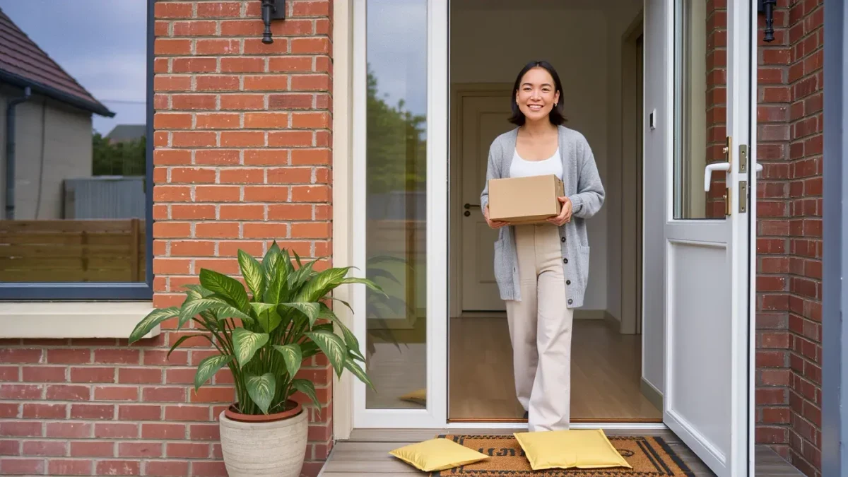 Woman at a front door holding a parcel while a second box waits on the stoop