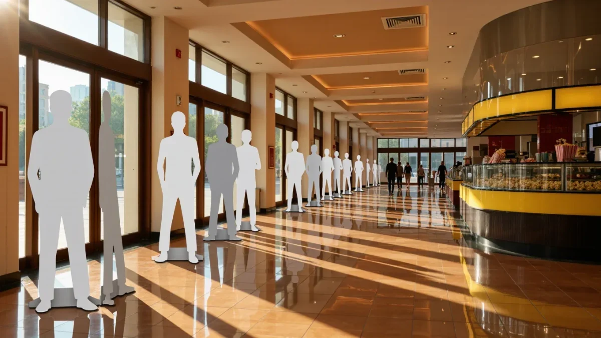 Cinema lobby with blank standees and warm summer light streaming through the entrance