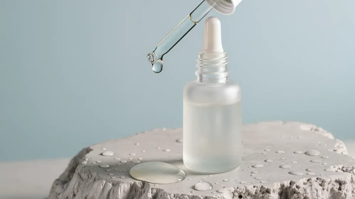 Frosted serum bottle with a drop of clear niacinamide serum above the stone surface
