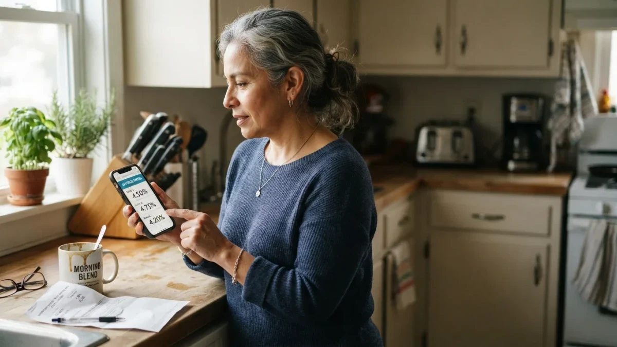 Woman comparing savings account rates on her phone at a kitchen counter
