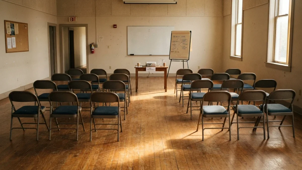 Empty folding chairs in a seminar room after a retirement session