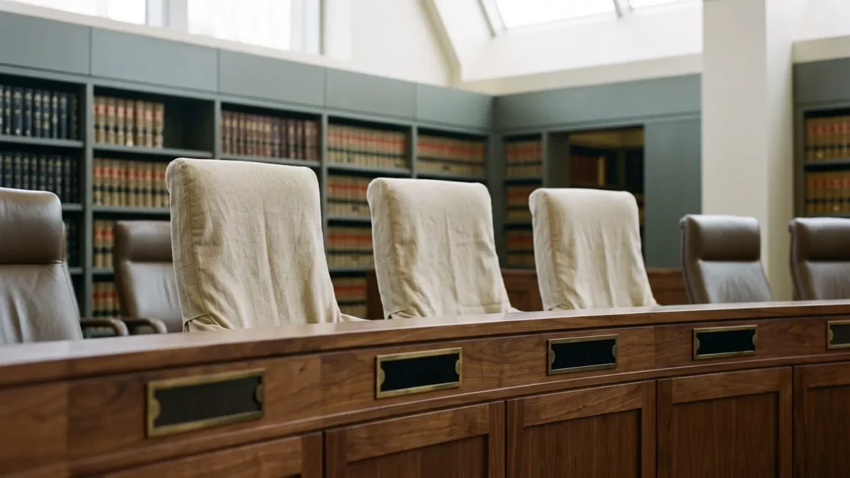 Appellate bench with three empty chairs under dust sheets
